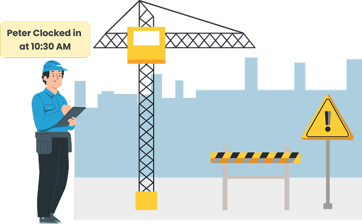  Field employee using a mobile GPS time clock app to automatically track work hours, location, and attendance with geofencing — smart workforce management without manual entry.