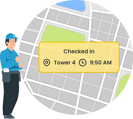 Field worker using a geofence-based time clock app that automatically clocks in and out when entering or leaving job sites — simple, no training required, supports multiple job sites per day.